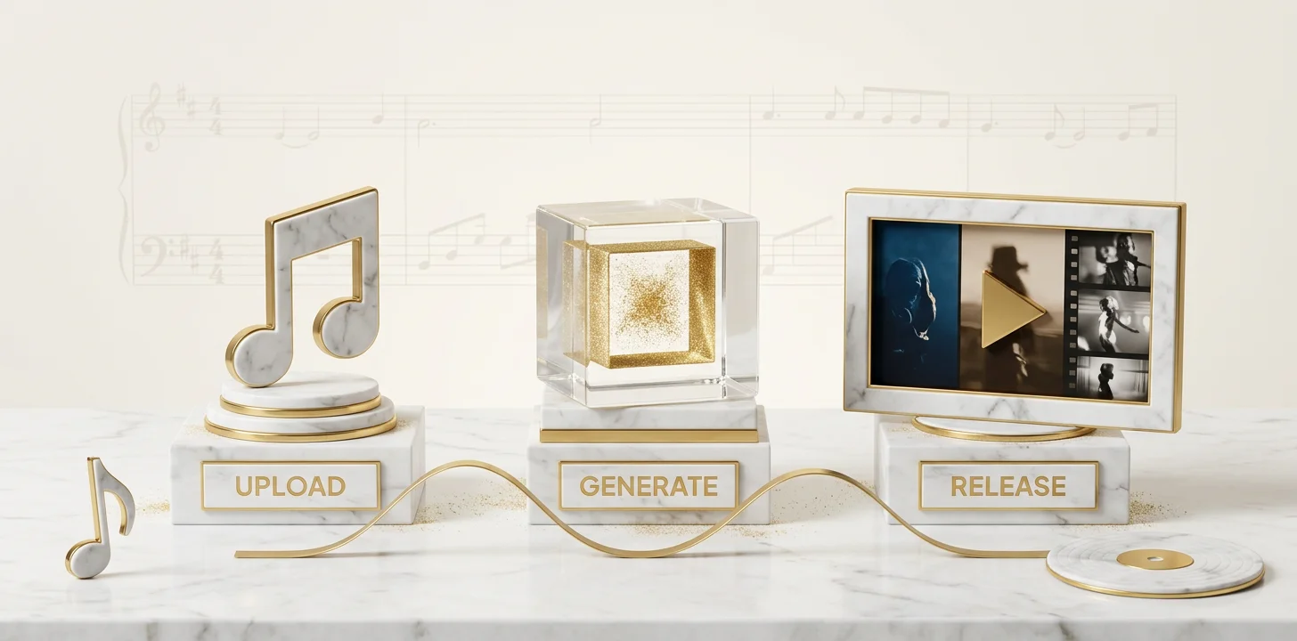 The workflow to make a music video with udio shown as marble step stations
