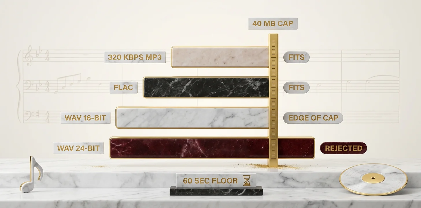 Upload constraints visualized: a 320 kbps MP3 fits, FLAC fits, 16-bit WAV is at the edge of the 40 MB cap, and 24-bit WAV gets rejected