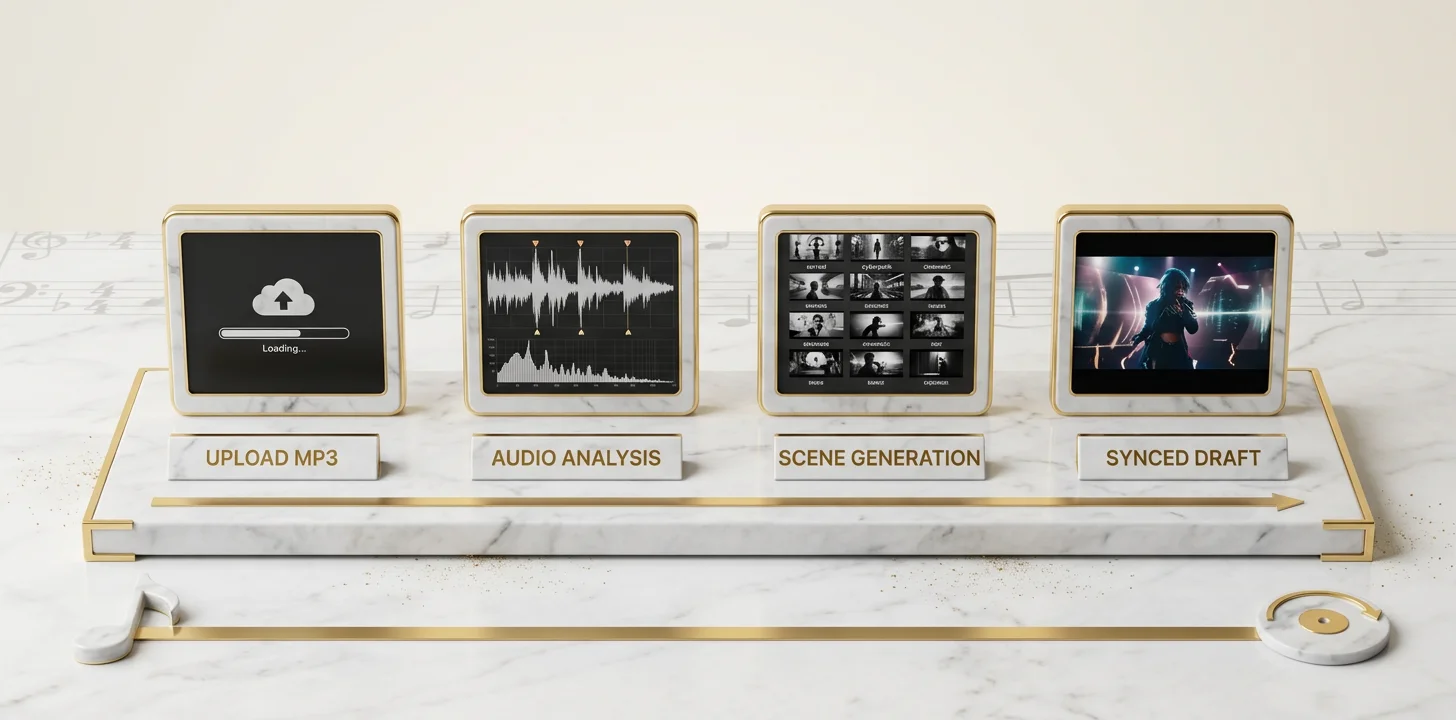 Four-step sequence from uploading an MP3 through audio analysis and scene generation to a synced draft video