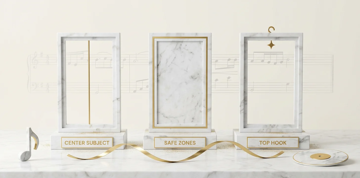 A checklist for composing a vertical music video for the 9:16 format shown as marble guides