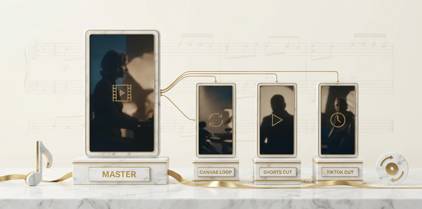 One 9:16 master video branching into Spotify Canvas, YouTube Shorts, and TikTok pre-cuts