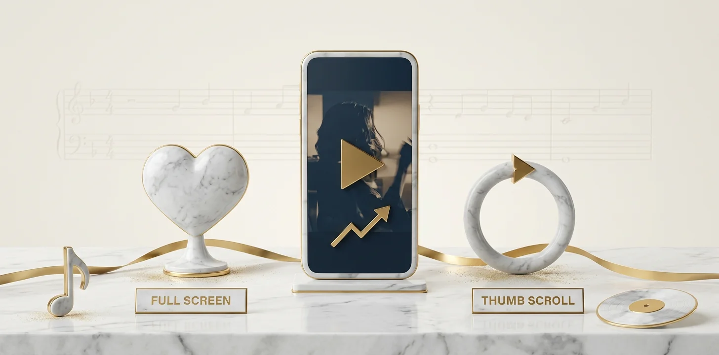 Why the 9:16 vertical music video format drives discovery shown as a marble diorama