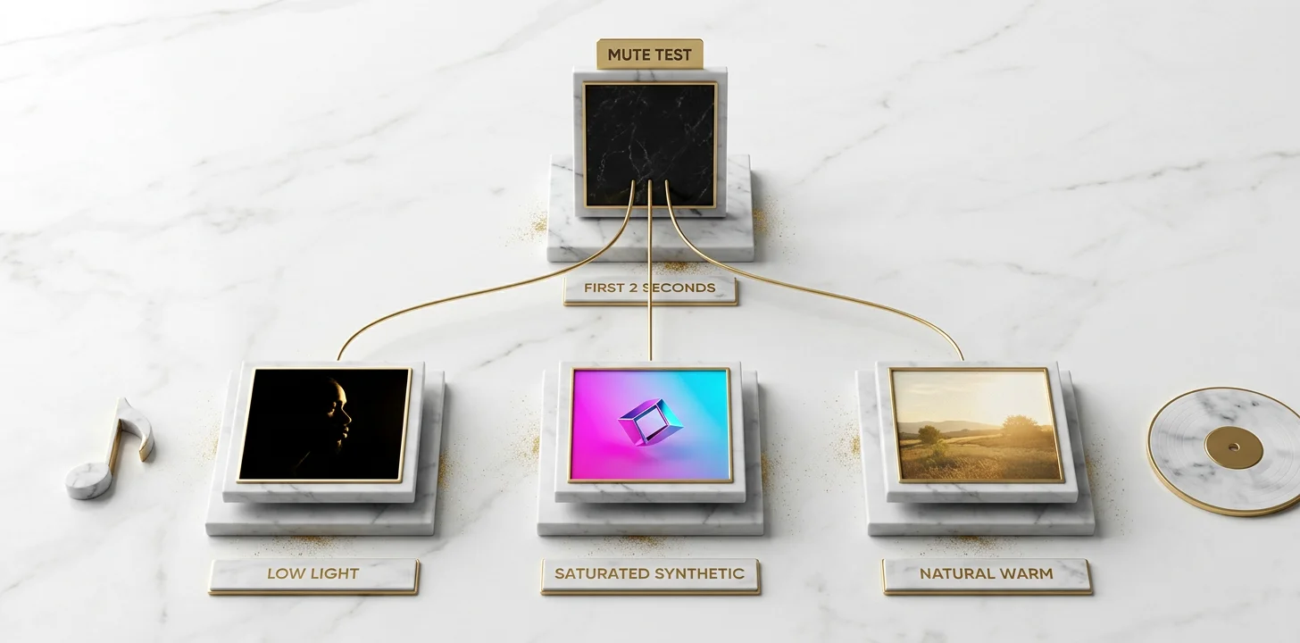 Decision tree from the two second mute test branching by saturation, contrast, and lighting to genre presets