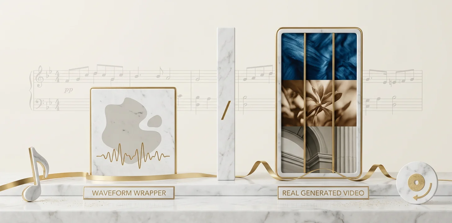 Comparison of a simple waveform overlay video wrapper against a real AI-generated music video shaped by the song's structure