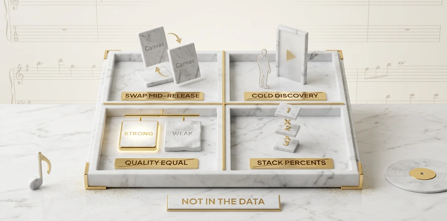 Four cells showing what the Canvas data does not say — Spotify did not measure swapping a Canvas, Canvas affecting cold discovery, the aggregate hiding quality variance, or stacking the percentages