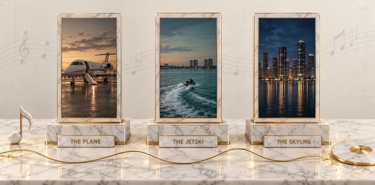 Three vertical 9:16 scenes from the Addicted Girl teaser, a private plane, a jetski on Miami water, and the Miami skyline, all connected by the song's waveform