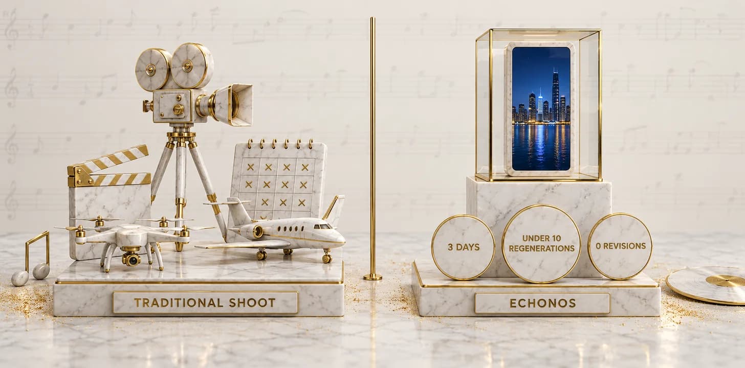 A traditional three location music video shoot with cameras, a private jet, a jetski and crossed out calendar days, next to a single desk producing the same teaser with Echonos in three days