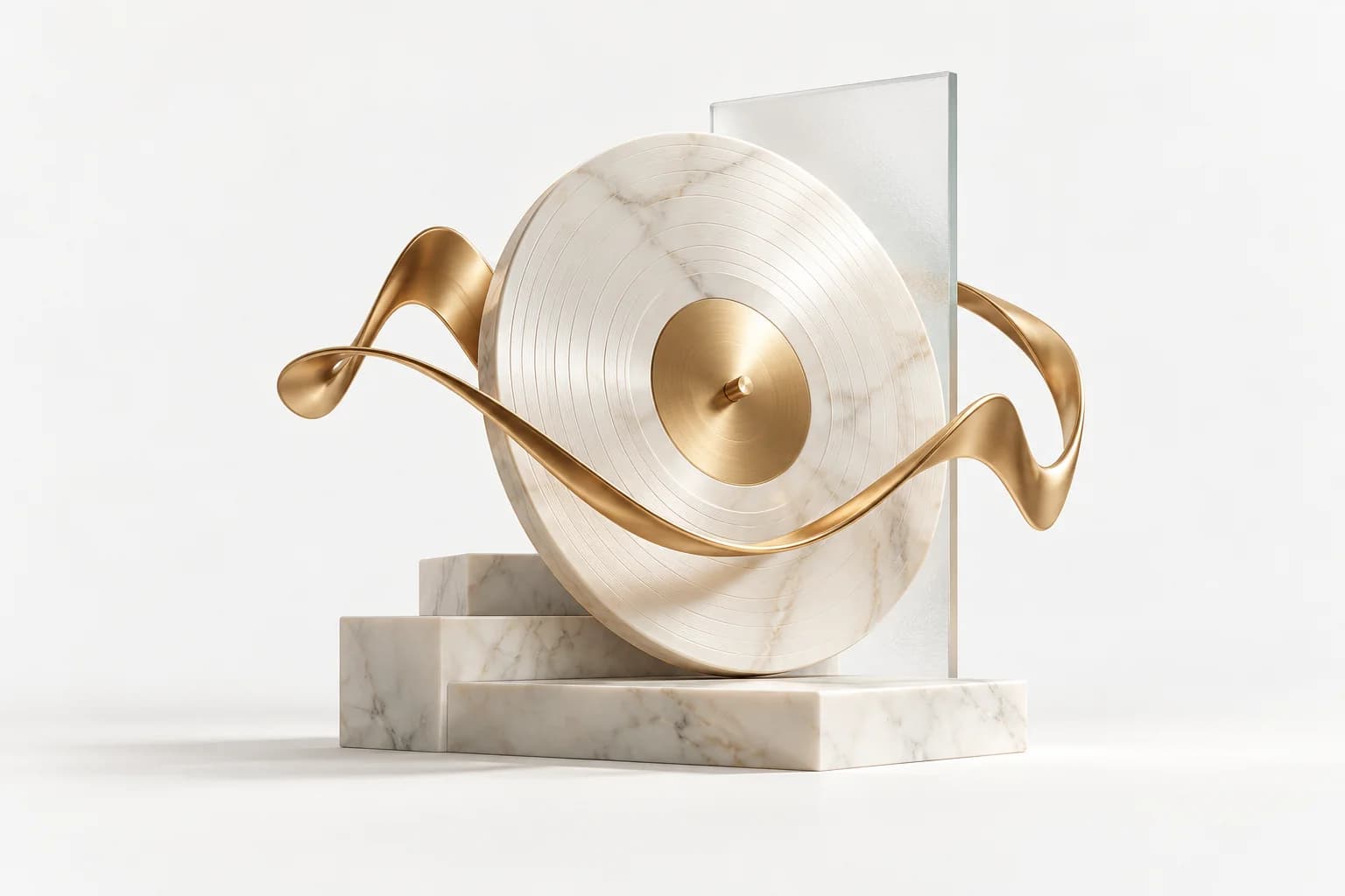 A sculptural white marble record wrapped in a flowing gold sound wave